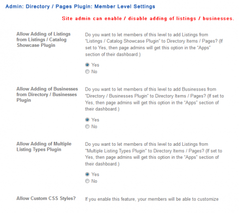 Admin: Directory / Pages Plugin: Member Level Settings