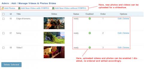 Admin: Add / Manage Videos & Photos Slides 