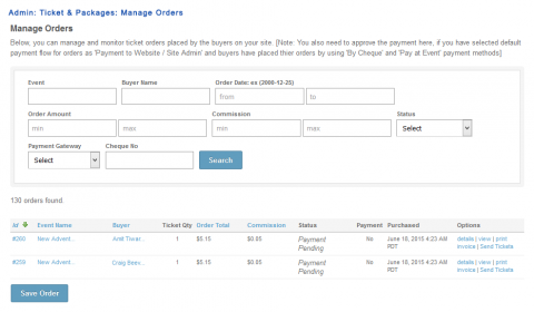 Admin: Ticket & Packages: Manage Orders