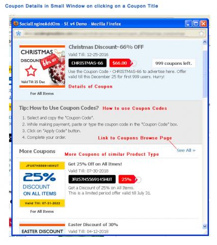 Coupon Details in Small Window on clicking on a Coupon Title