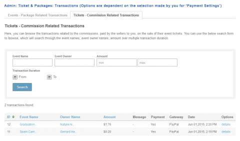 Admin: Ticket & Packages: Transactions (Options are dependent on the selection made by you for ‘Payment Settings’)