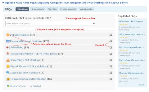 Widgetized FAQs Home Page: Displaying Categories, Sub-categories and FAQs in Collapsed Mode (Settings from Layout Editor)