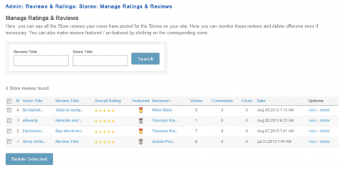 Admin: Reviews & Ratings: Stores: Manage Ratings & Reviews    