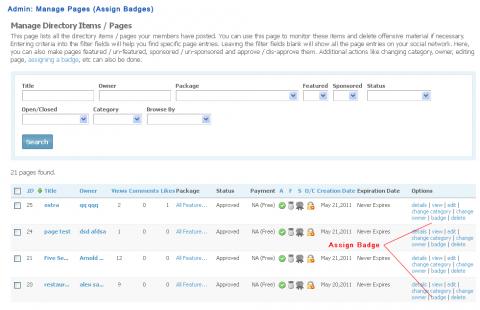 Admin: Manage Pages (Assign Badges)