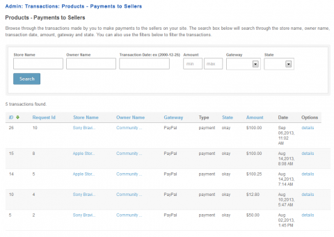Admin: Transactions: Products - Payments to Sellers