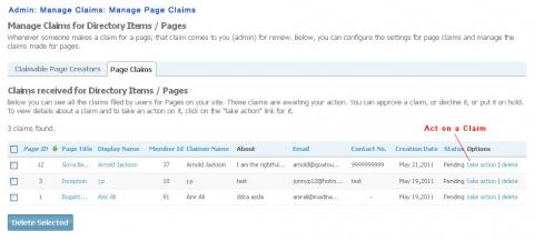 Admin: Manage Claims: Manage Page Claims