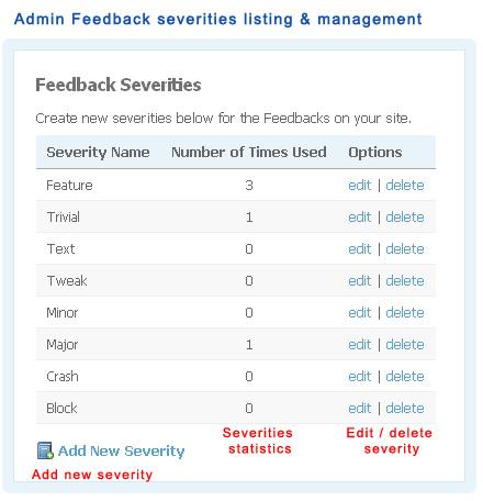 Admin Feedback severities listing and management
