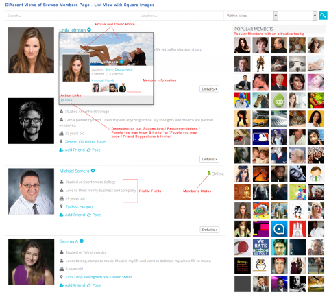 Different Views of Browse Members Page - List View with Square Images